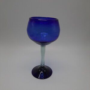 Mexican Hand Blown Blue Wine Glass Vintage Glassware Collectible Home Decor